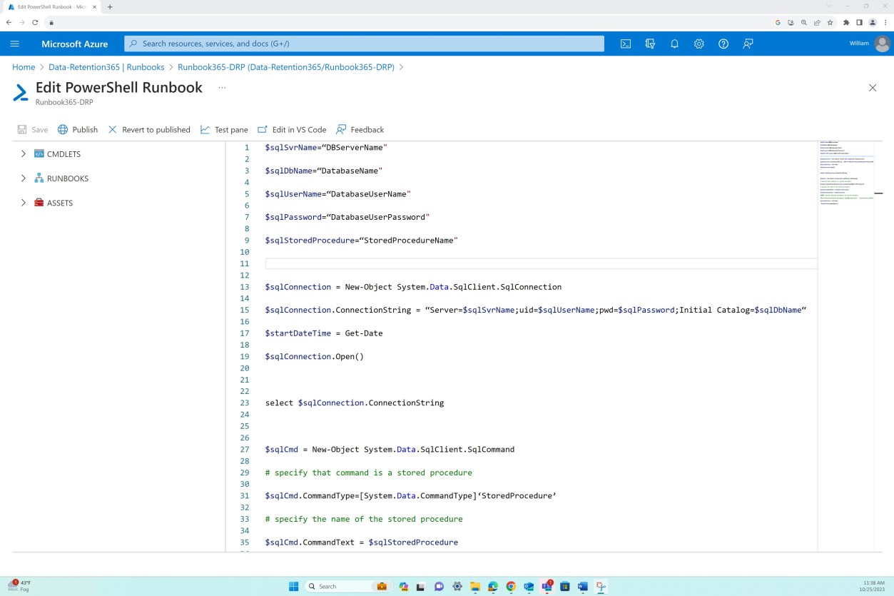 Azure les paramètres de conservation des données modifient le runbook PowerShell.