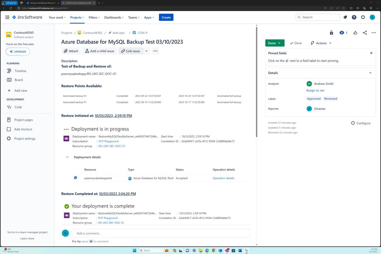 Ticket de sauvegarde Jira pour Azure base de données mySQL.