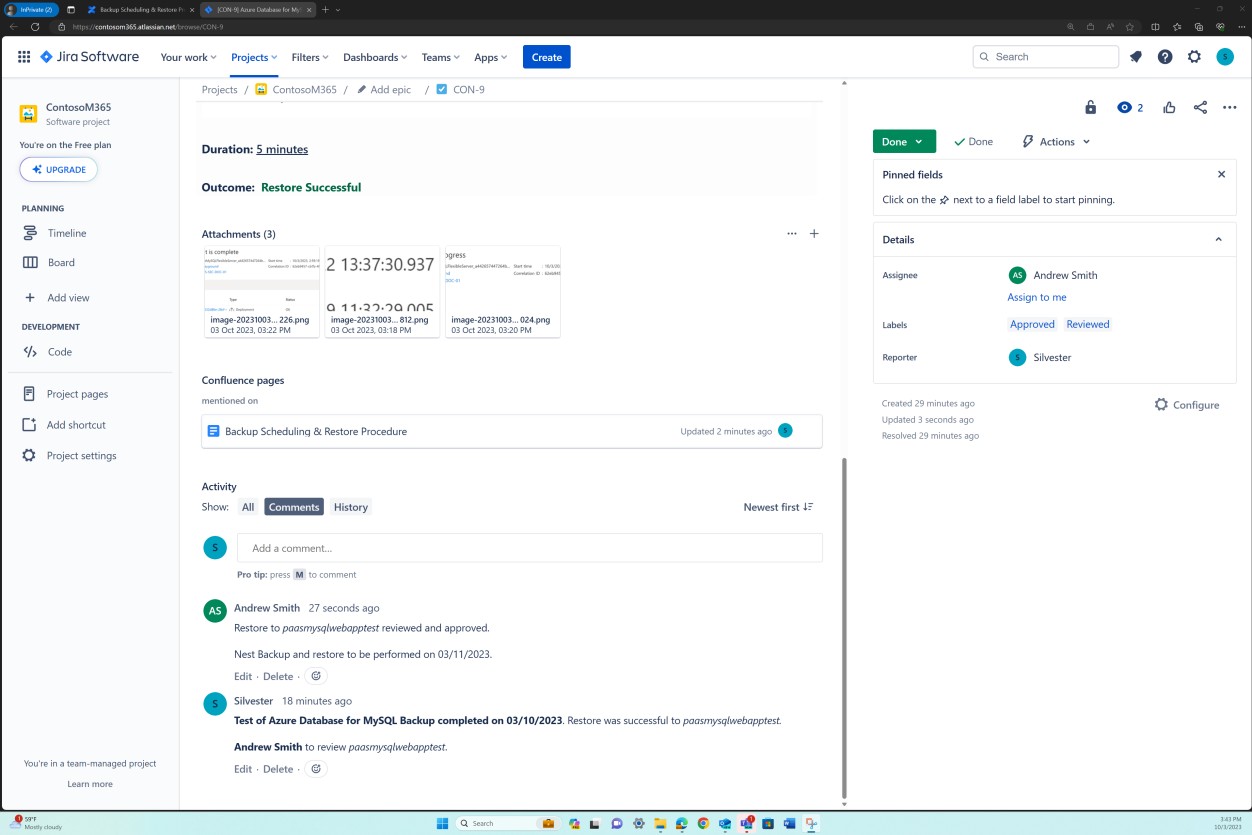 Ticket de sauvegarde Jira avec durée, résultat et suivi d’activité.