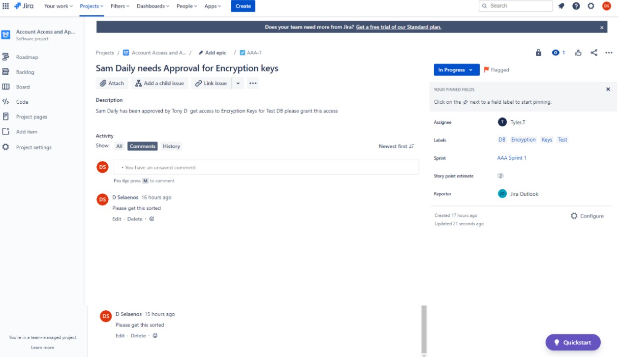 Demande d’approbation Jira pour le ticket de clés de chiffrement.