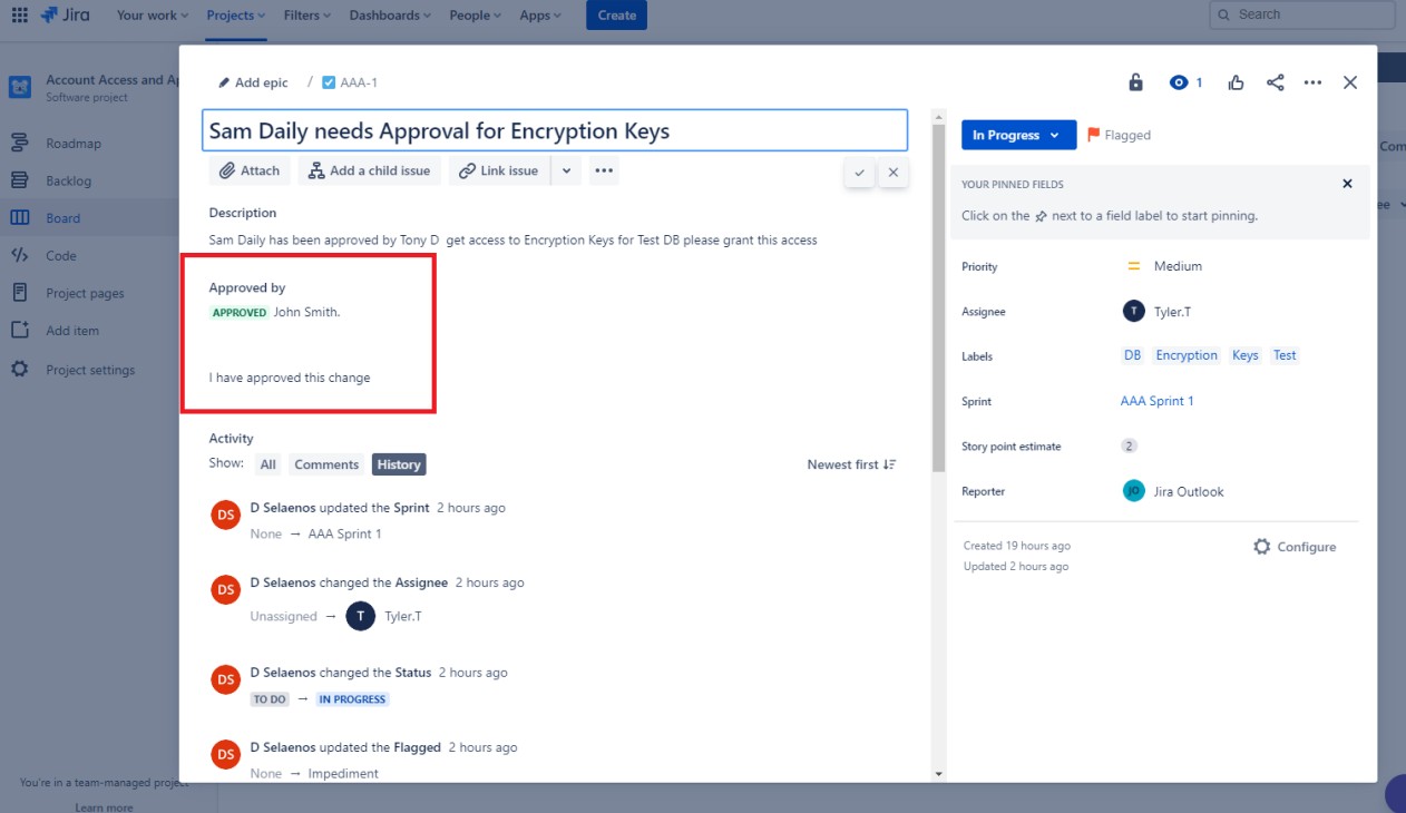 Ticket d’approbation Jira avec approuvé par mis en surbrillance.