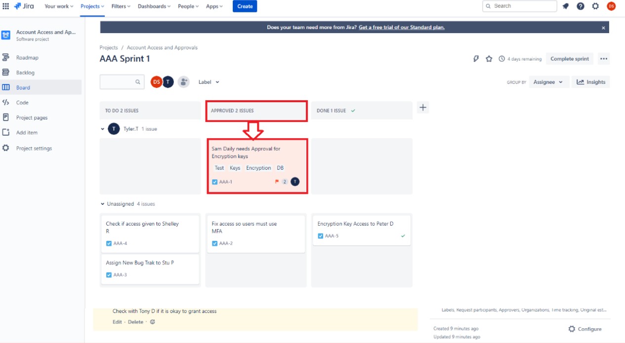 Tableau de sprint Jira AAA avec hiérarchie d’approbation mise en surbrillance.