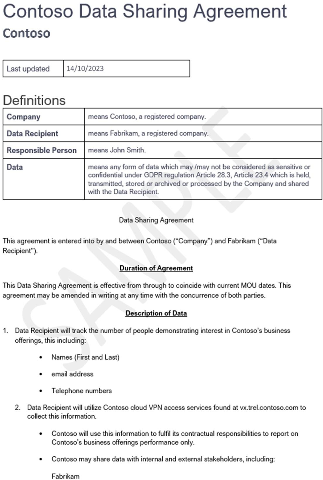 Contrat de partage de données page 1 avec vue d’ensemble et définitions.