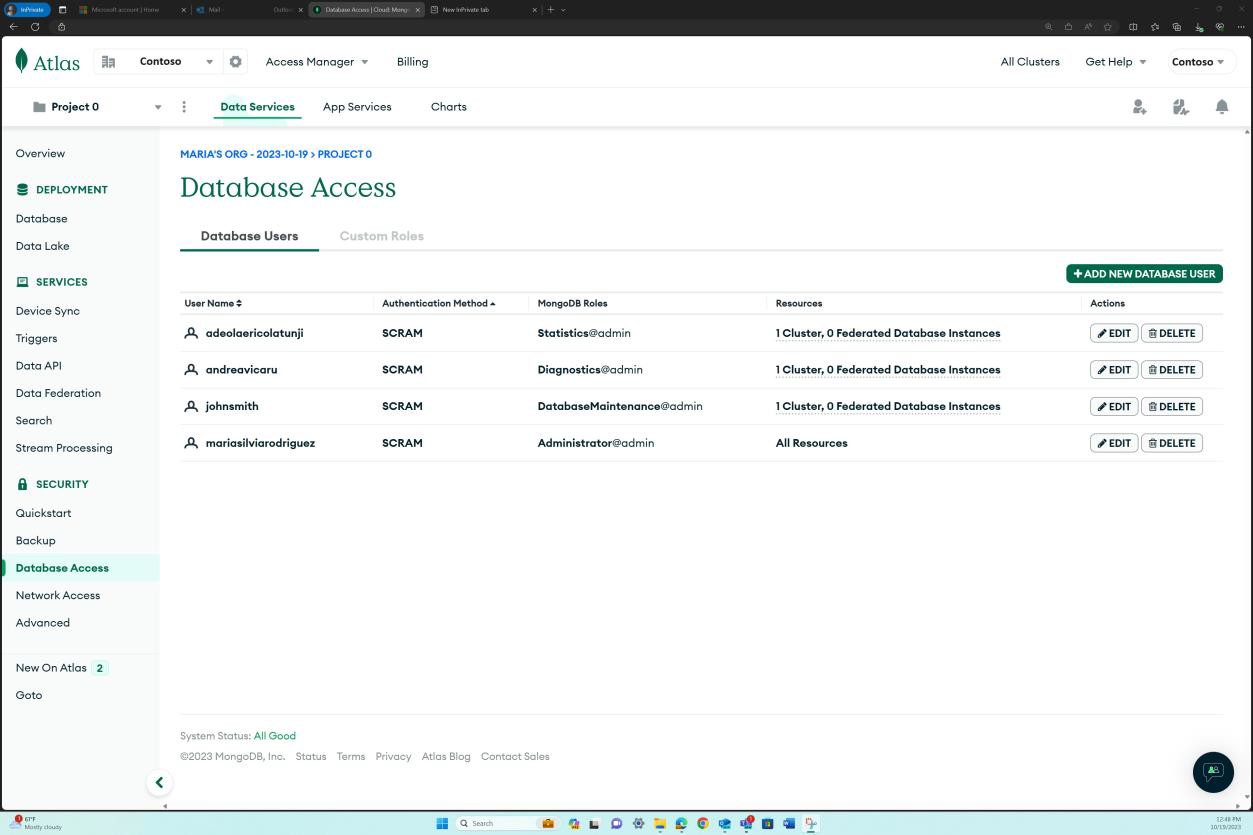 Page d’accès à la base de données MongoDB Cloud avec 4 utilisateurs de test répertoriés.