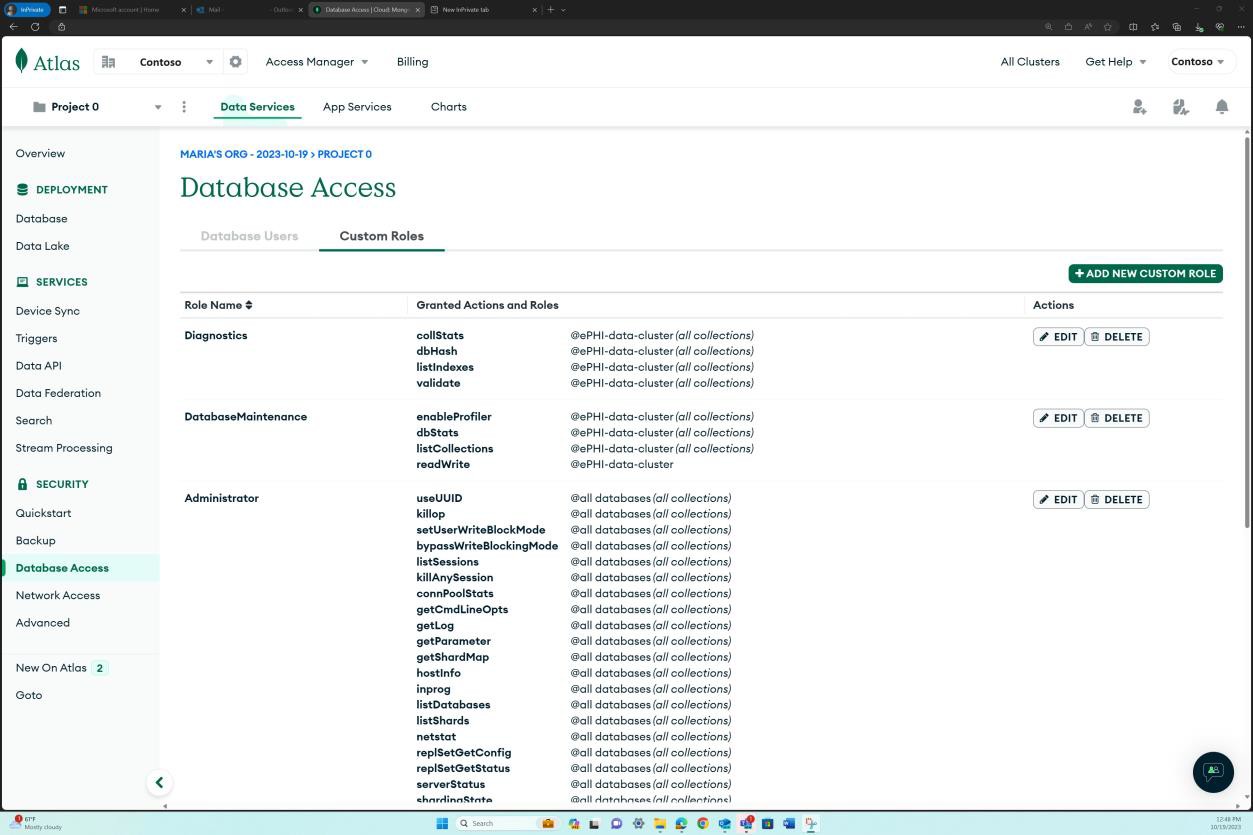 Page d’accès à la base de données cloud MongoDB répertoriant les étendues et les rôles personnalisés.