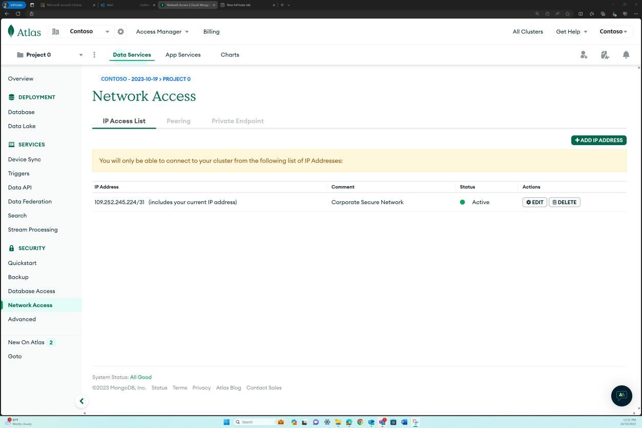Page d’accès réseau MongoDB Cloud.