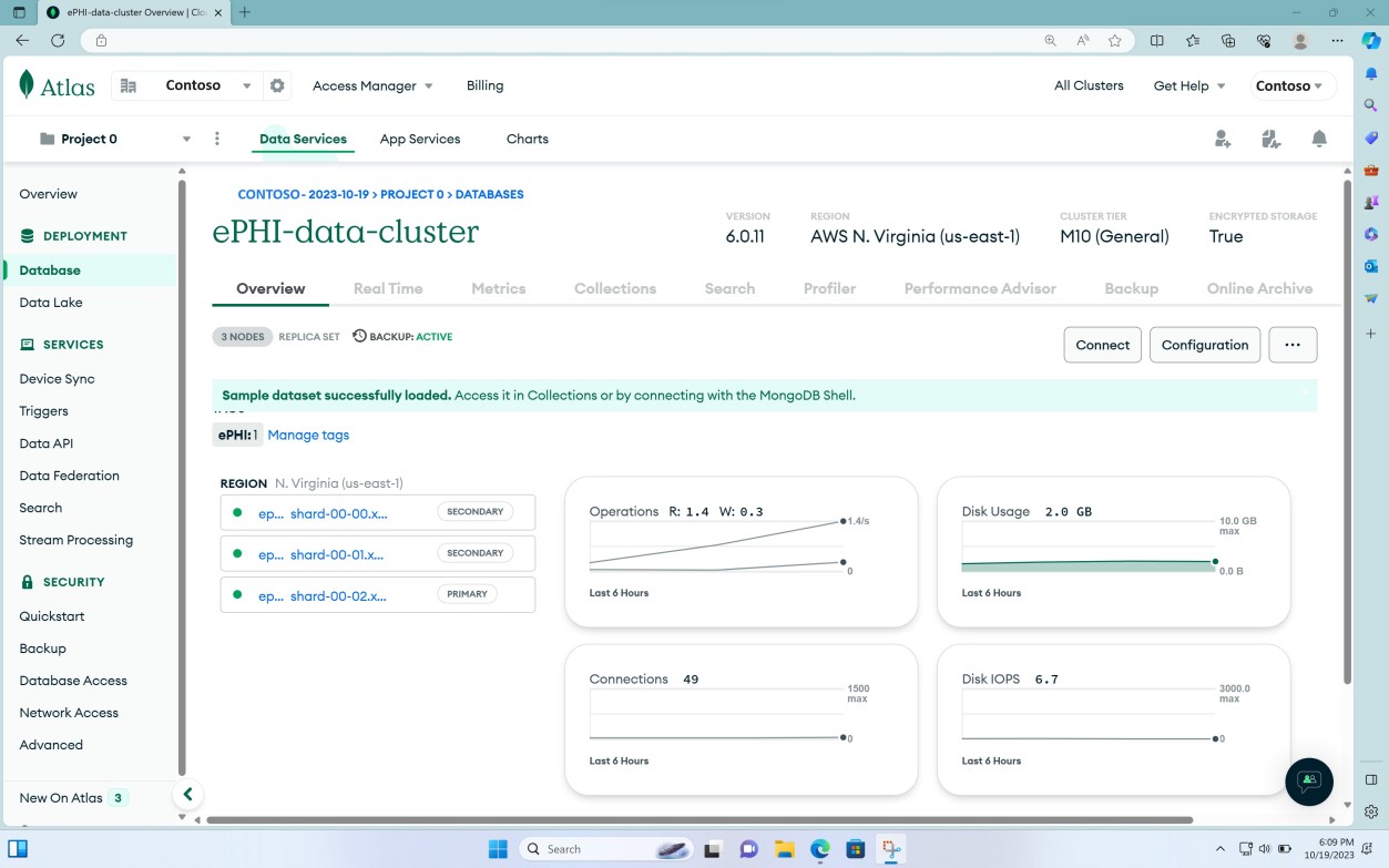 Page MongoDB Cloud Data Services avec tableau de bord de vue d’ensemble du cluster de données ePHI avec les statistiques de région et d’utilisation au cours des 6 dernières heures.