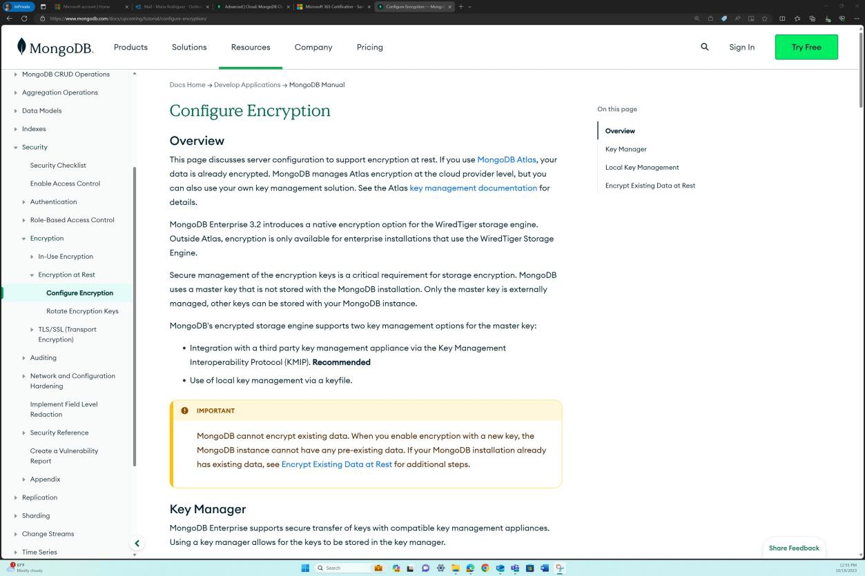 Vue d’ensemble du chiffrement de la page de configuration des ressources cloud MongoDB.
