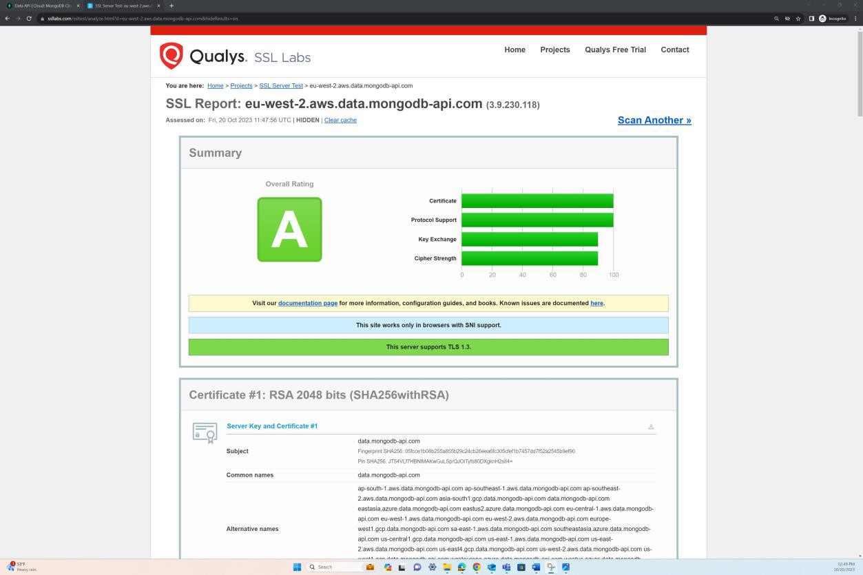Rapport Qualys SSl montrant une note A globale.