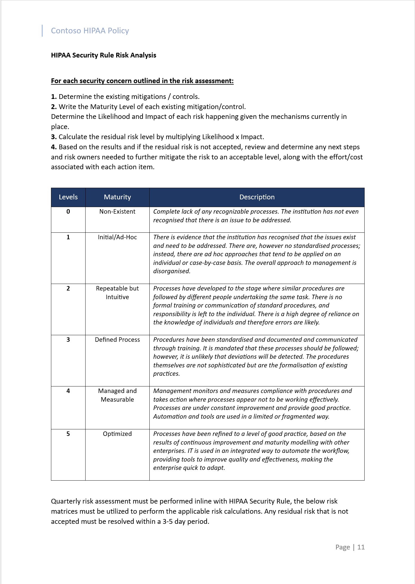 Analyse des risques des règles de sécurité HIPAA avec une table par préoccupation.