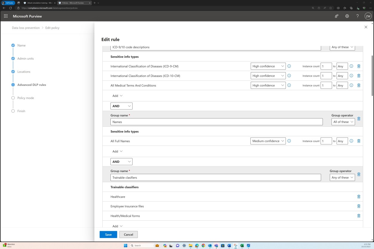 Règle de modification Microsoft Purview, types de données sensibles.
