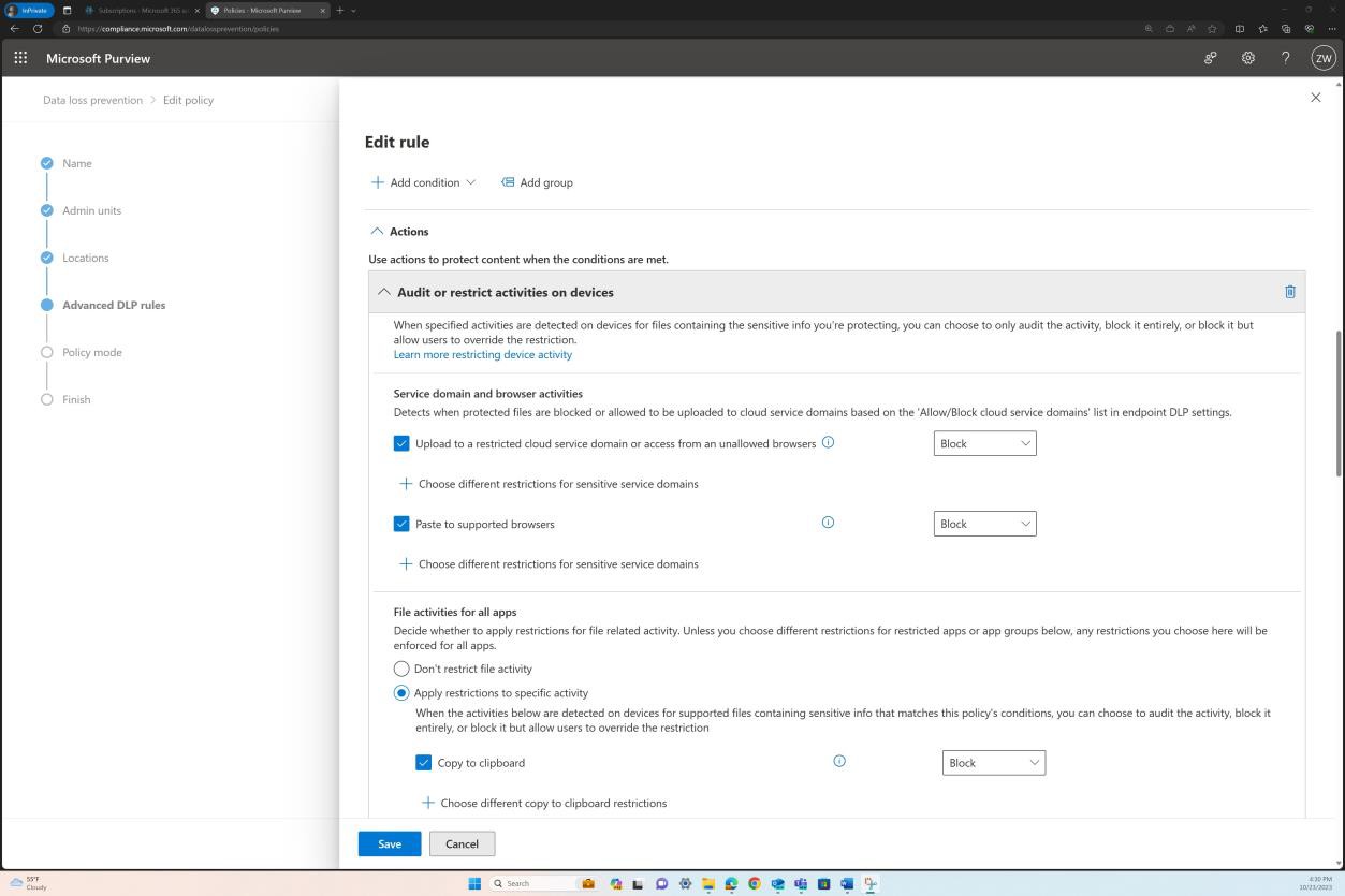 Microsoft Purview modifie les paramètres de règle, en appliquant des actions à une activité spécifique.