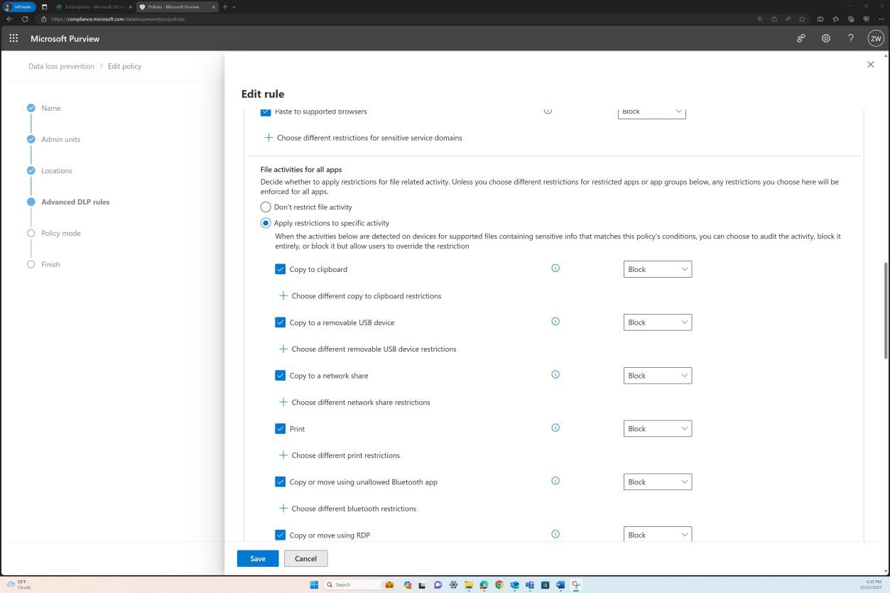 Paramètres de stratégie DLP Microsoft Purview.