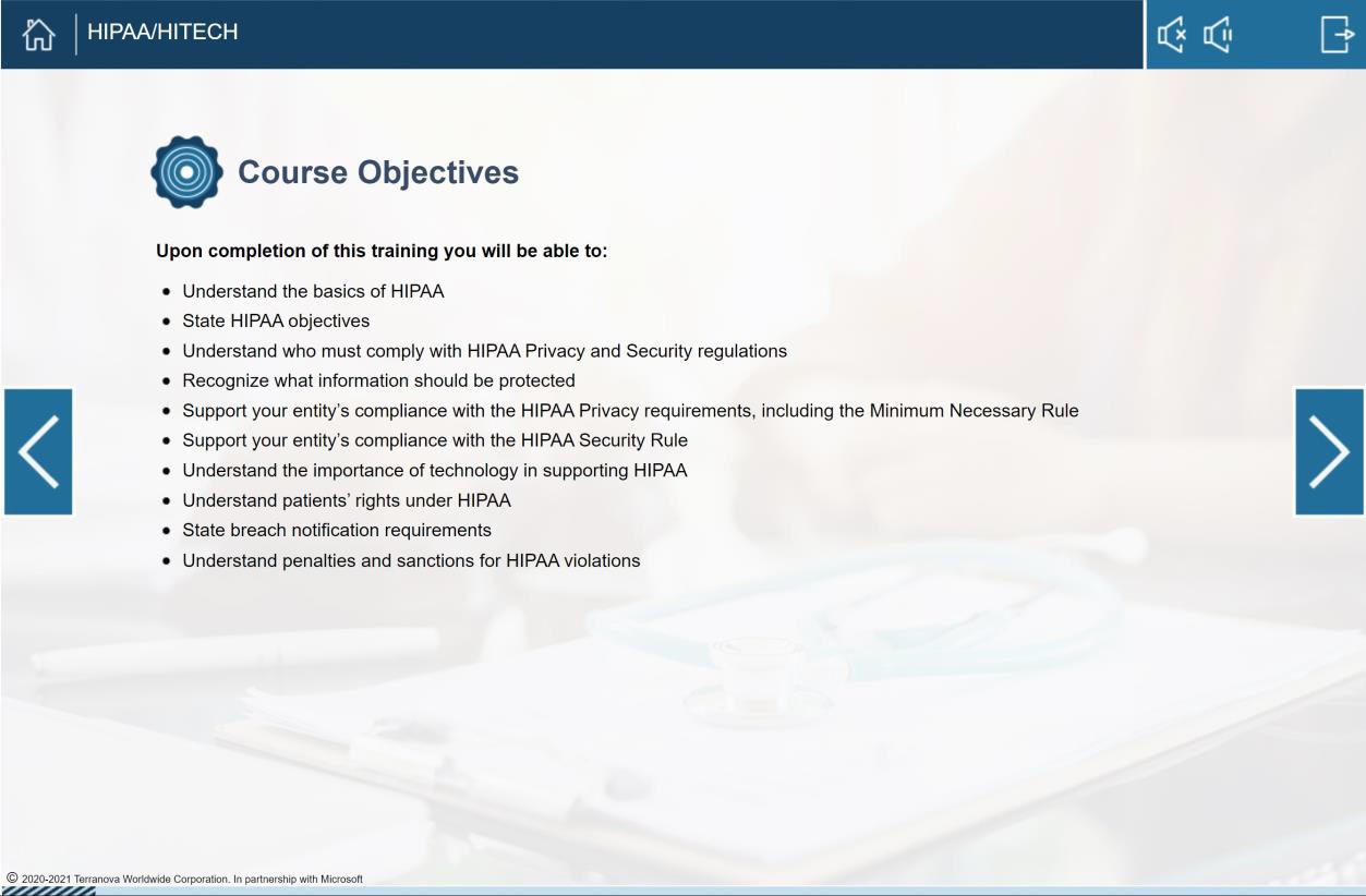 Vue d’ensemble des objectifs du cours de formation HIPAA.