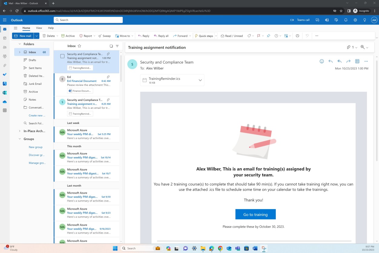 Notification par e-mail Microsoft Outlook informant l’utilisateur que la formation a été attribuée par l’équipe de sécurité.