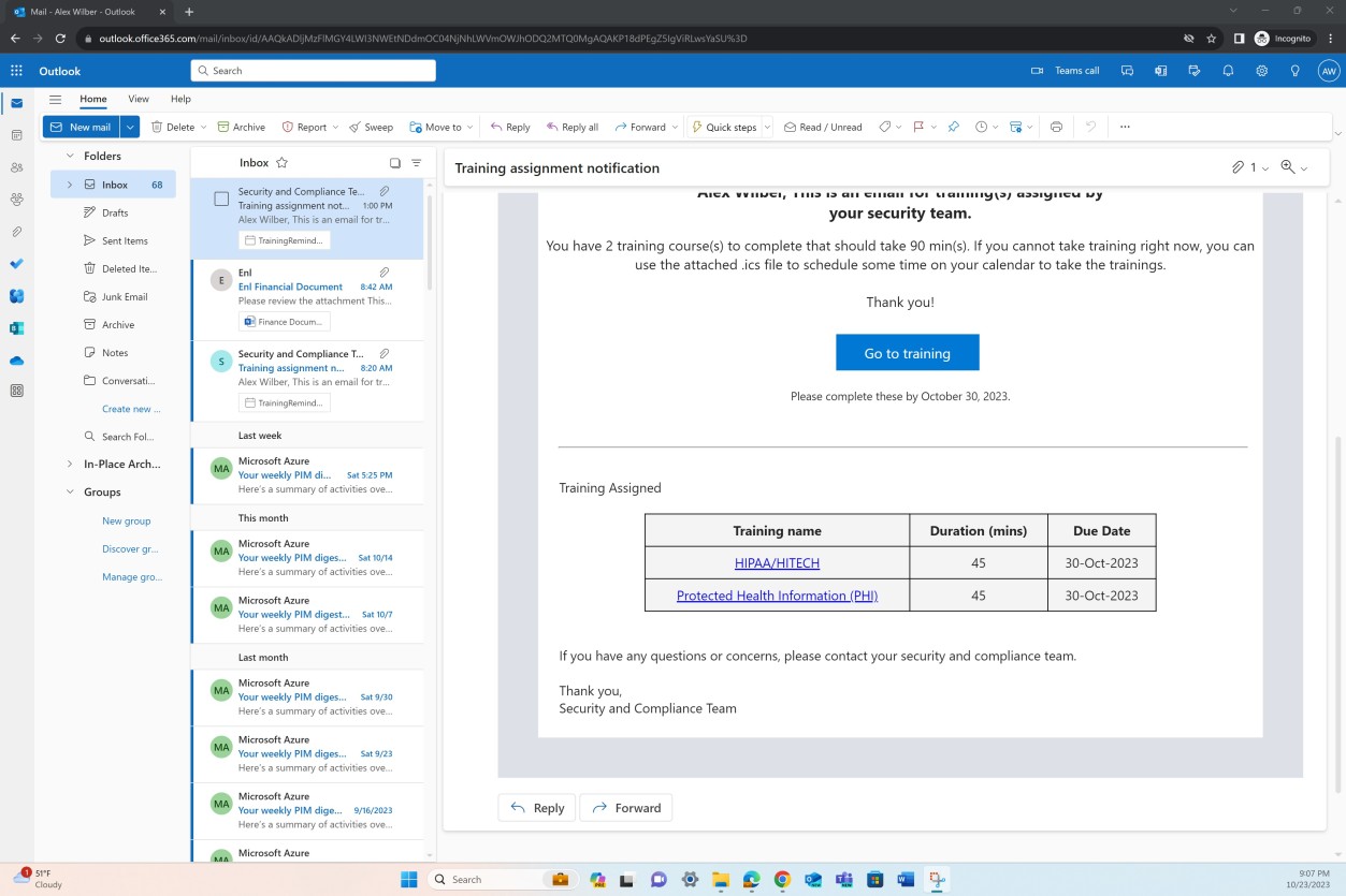 Lien de partage de notification par e-mail Microsoft Outlook vers la formation, noms des formations requises, durée et date d’échéance.