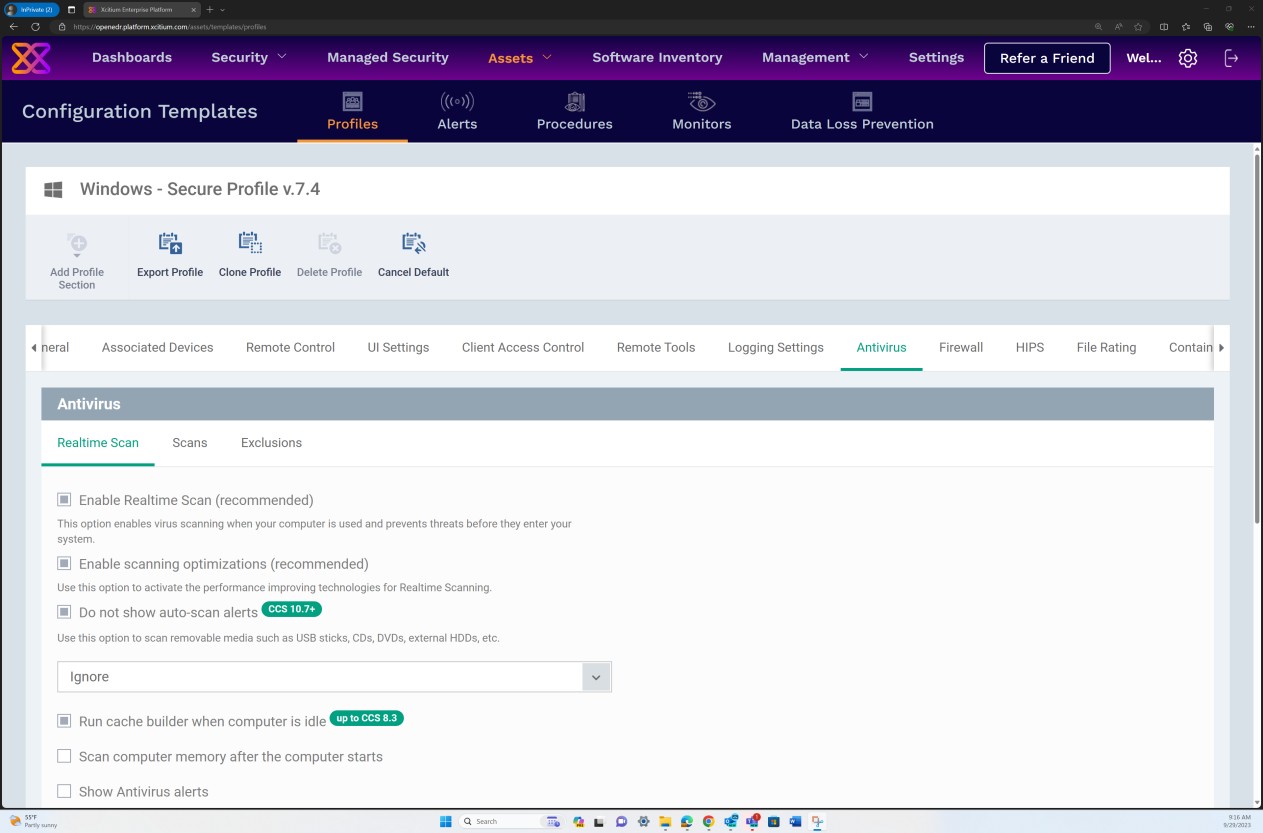 Profils de modèles de configuration pour les paramètres d’analyse antivirus.
