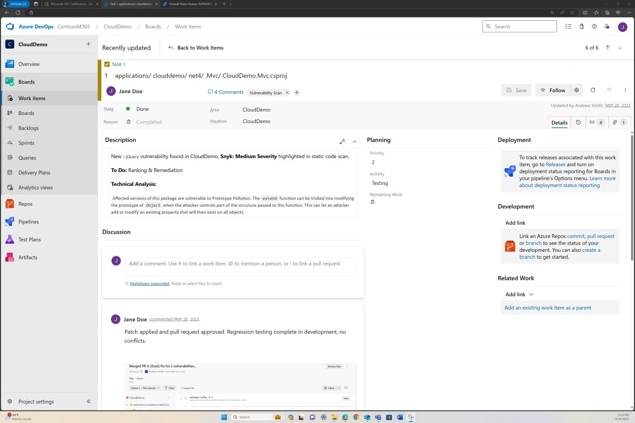 Azure liste des tâches du tableau DevOps avec une description de la vulnérabilité avec des commentaires.