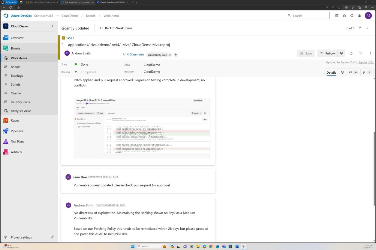 Azure liste des tâches du tableau DevOps répertoriant le correctif appliqué et la demande de tirage approuvée.
