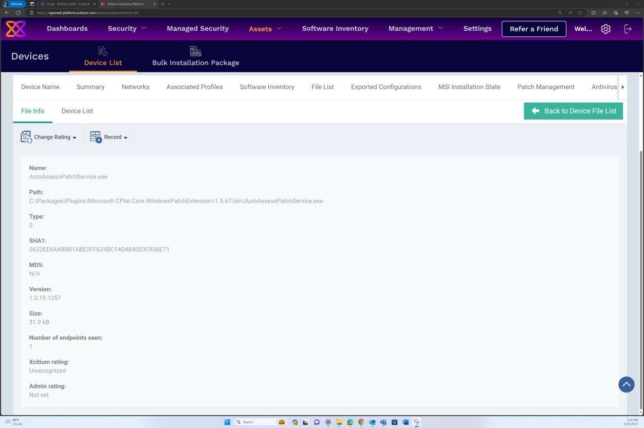 OpenEDR liste des informations sur le fichier de la liste des appareils avec le nom, le chemin, le hachage, la taille et les évaluations du fichier.