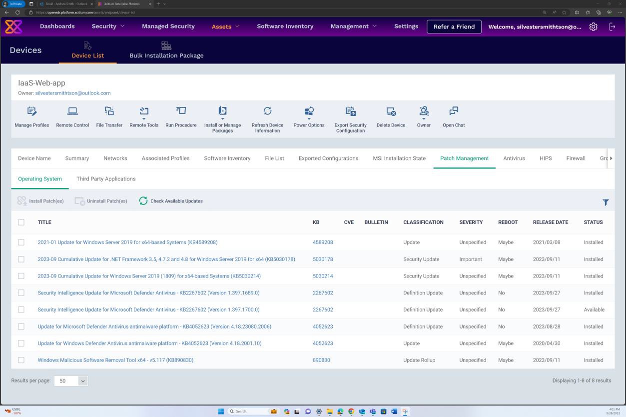 Liste historique des mises à jour du système d’exploitation openEDR de gestion des correctifs.