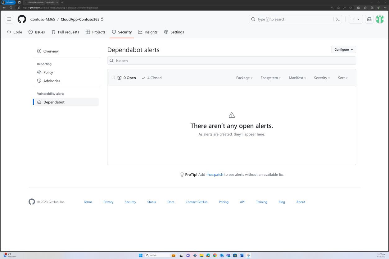 Page d’alertes GitHub pour dependabot n’affichant aucune alerte ouverte.