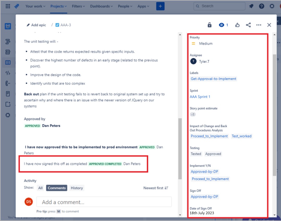 Jira ticket add epic screen with Dan Peters sign off as approved completed. La priorité est moyenne et les détails du ticket sont mis en surbrillance.