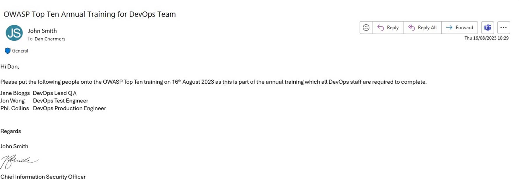 Email sujet OWASP Top Ten Training for DevOps Team de John demandant à Dan de mettre une liste de trois personnes sur la liste des formations requises.