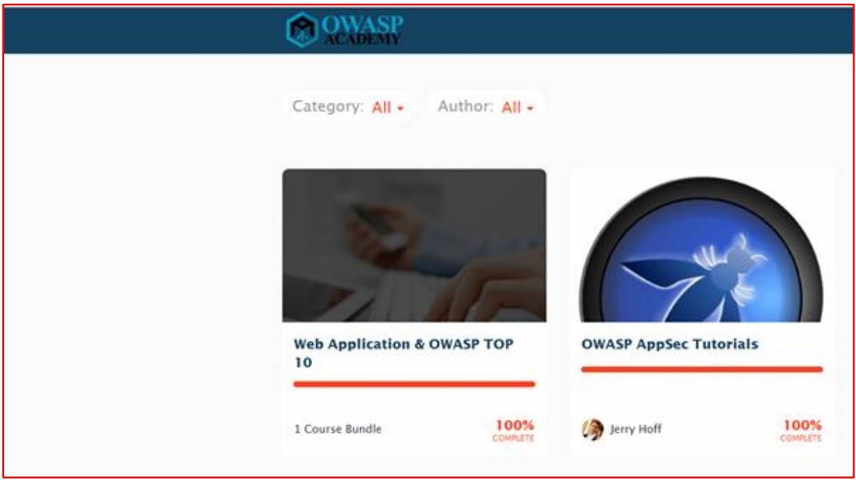 Page d’accueil des modules de formation OWASP Academy avec application web & OWASP TOP 10 et OWASP AppSec Tutoriels.