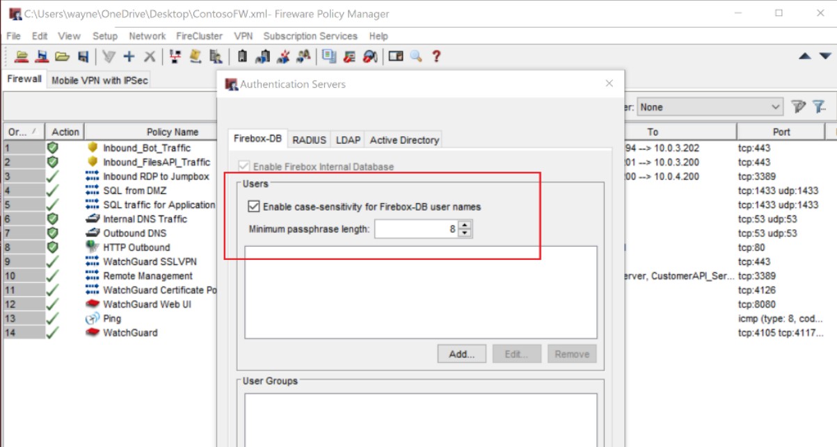 Microsoft Local Fireware Policy Manager, serveurs d’authentification avec des utilisateurs et activer la case respect de la casse mise en surbrillance et cochée.