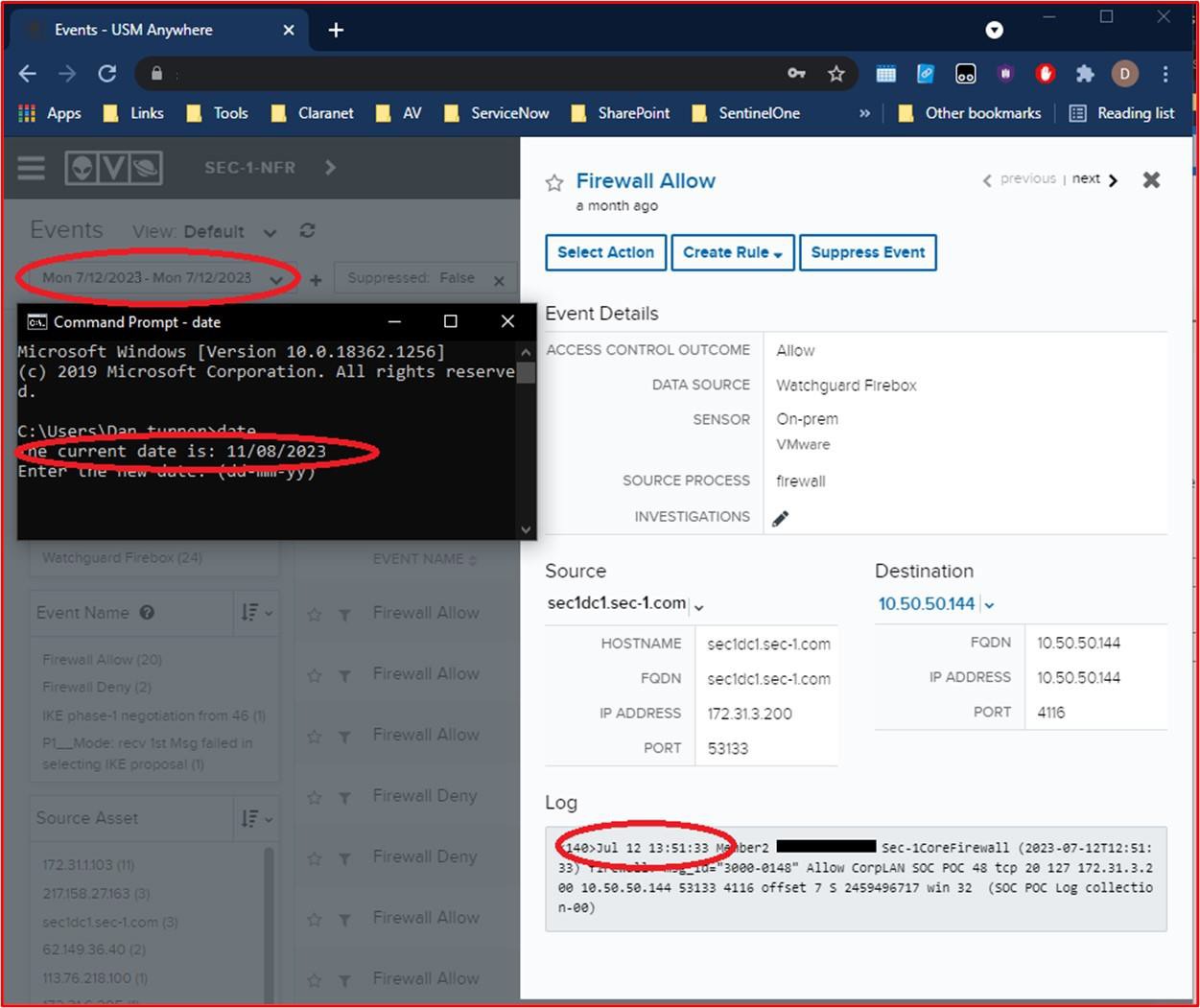 Rapport de journal AlienVault avec les dates cerclées, y compris la date du journal.