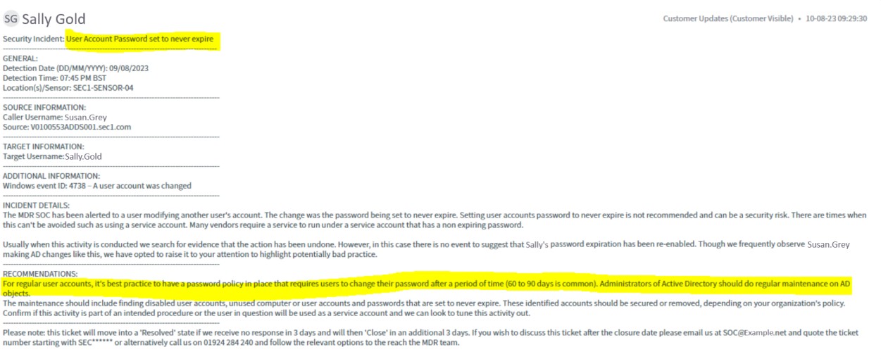 ServiceNow ticket pour lequel le mot de passe du compte d’utilisateur de l’incident de sécurité est défini sur n’expire jamais.