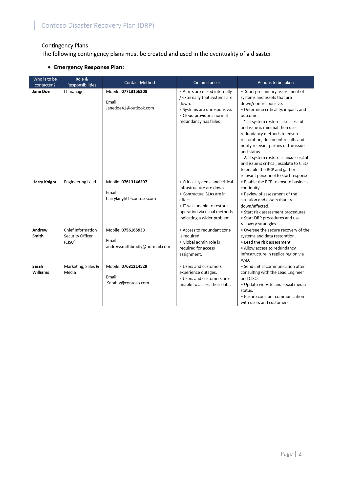 Plan de récupération d’urgence de Contoso, plans d’urgence, plan de réponse d’urgence avec un tableau des personnes à contacter, leur rôle et leur responsabilité, la méthode de contact, les circonstances et les actions à entreprendre.