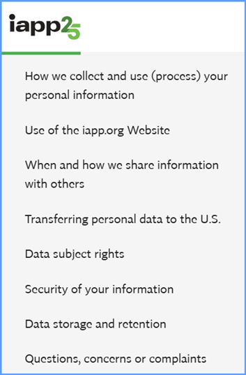 Liste des questions fréquentes Iapp25, y compris la façon dont nous collectons et utilisons vos informations personnelles et les droits des personnes concernées par les données.