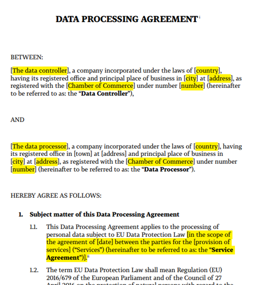 Exceprt du Contrat de traitement des données.