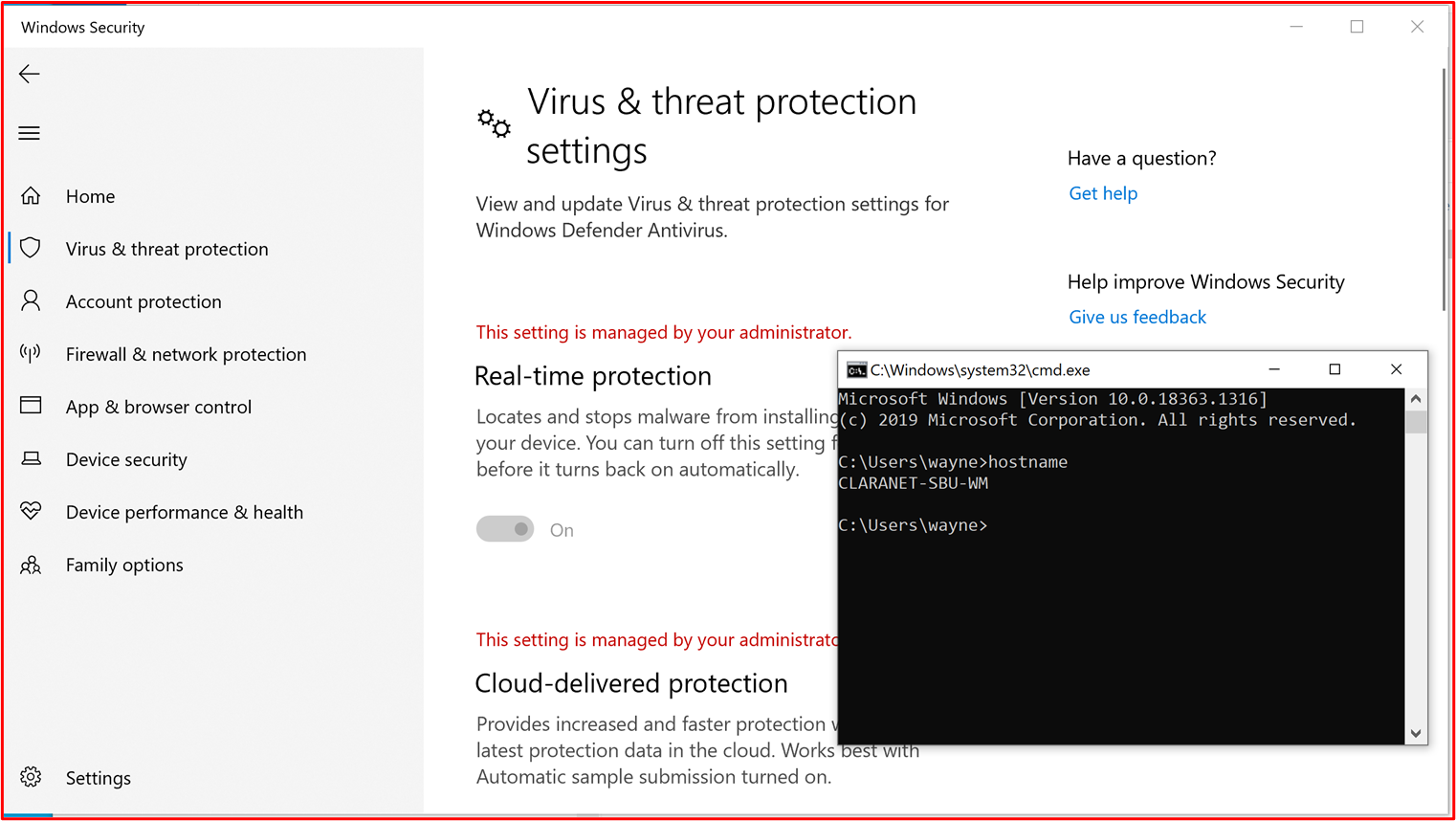 Capture d’écran de Windows 10 appareils, montrant que « Protection en temps réel » est activée