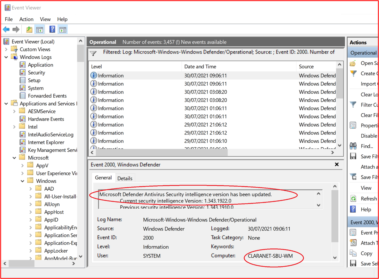 Capture d’écran montrant Microsoft Defender mise à jour au moins quotidiennement en montrant « Événement 2000, Windows Defender »