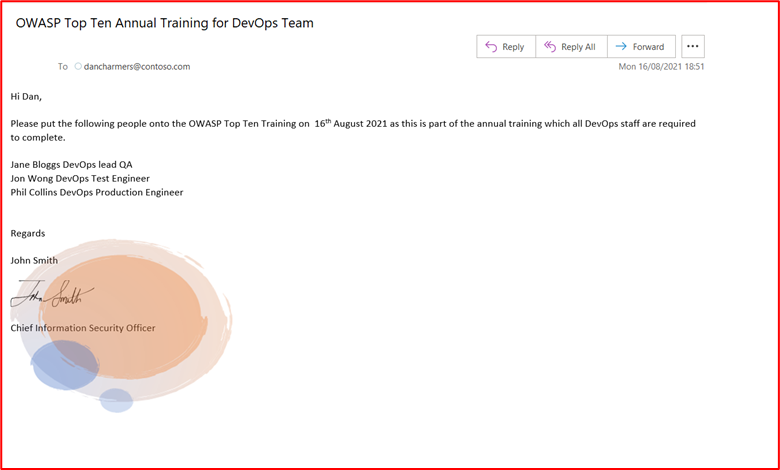 e-mail demandant au personnel de l’équipe DevOps de s’inscrire à la formation annuelle des dix meilleures formations de l’OWASP