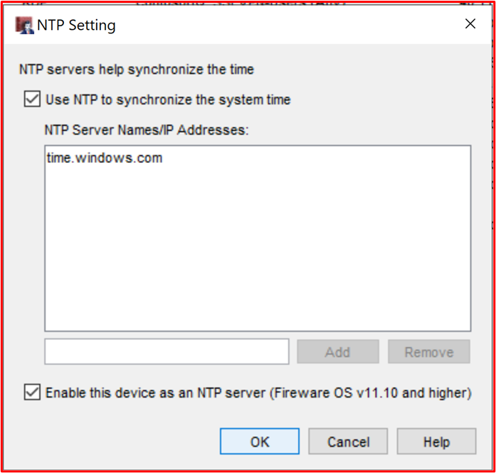 Capture d’écran montrant watchGuard configuré en tant que serveur NTP et pointant vers time.windows.com comme source de temps.