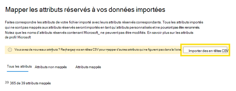 Capture d’écran montrant comment importer des en-têtes CSV.