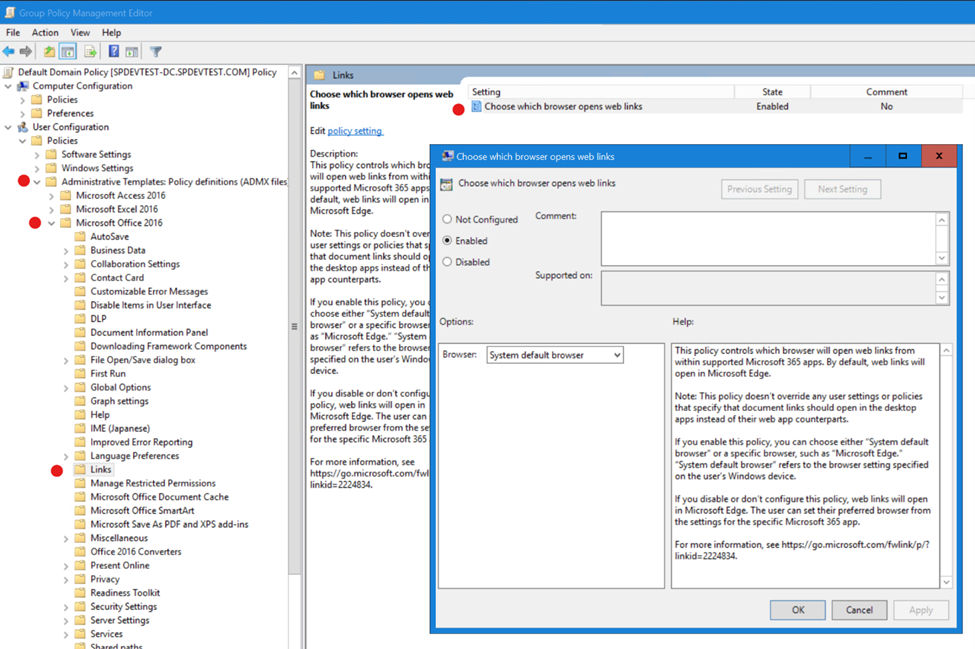 Screenshot of the 'Choose which browser opens web links' policy in the Group Policy Management Editor.