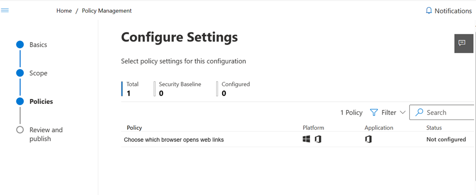 Screenshot of a settings page in the Cloud Policy service for Microsoft 365.