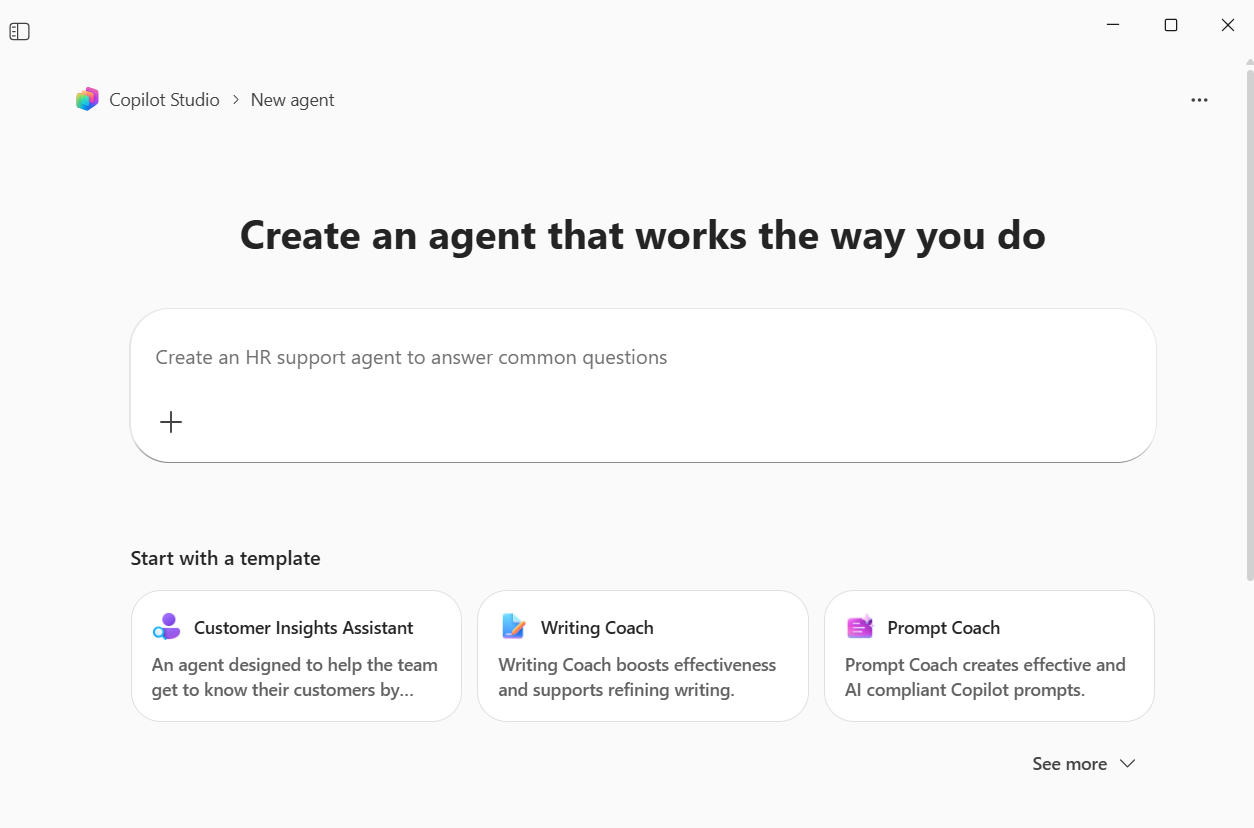 Écran initial de Agent Builder