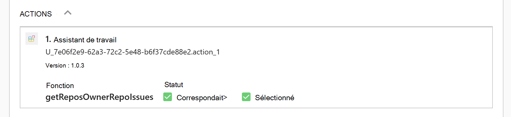 Capture d’écran de Microsoft 365 Copilot session où Copilot a retourné un carte avec des informations de débogage montrant les actions de l’agent configurées