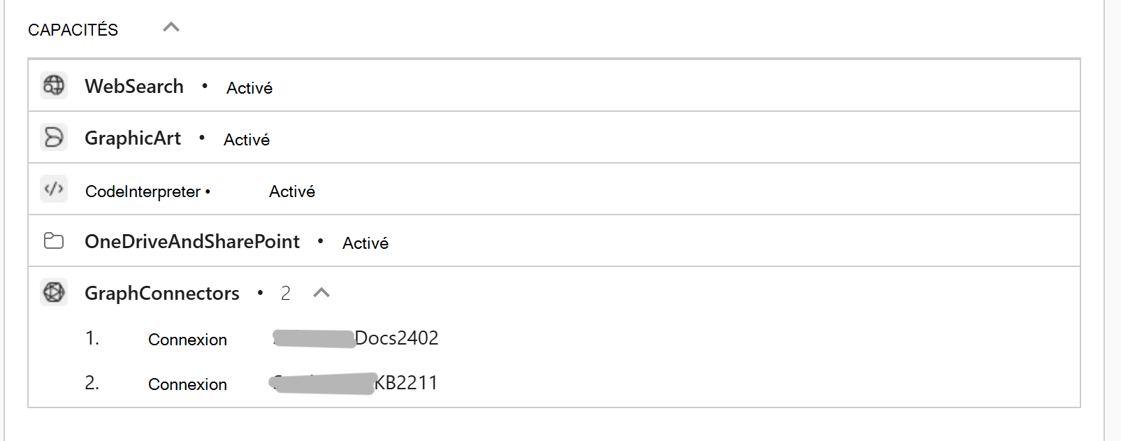 Capture d’écran de Microsoft 365 Copilot session où Copilot a retourné une carte avec des informations de débogage montrant les fonctionnalités de l’agent configurées
