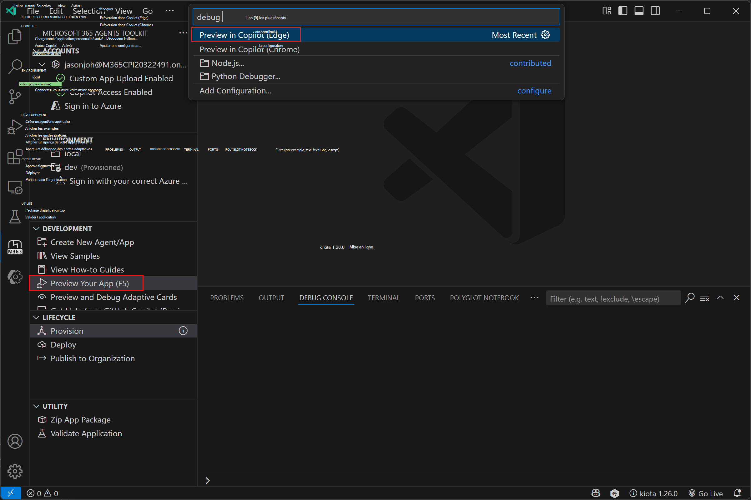 Capture d’écran de Visual Studio Code montrant la fonctionnalité « Aperçu de votre application (F5) » pour tester les agents Microsoft 365 dans le navigateur