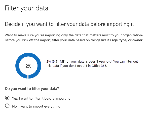 La page Filtrer vos données affiche des insights sur les données des fichiers PST pour le travail d’importation.
