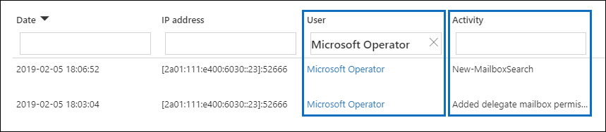 Filtrer sur « Microsoft Operator » pour afficher les enregistrements d’audit