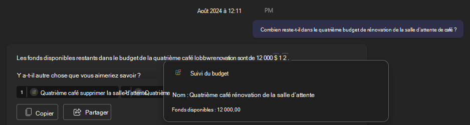 Capture d’écran d’une réponse de carte adaptative à partir d’un plug-in d’API