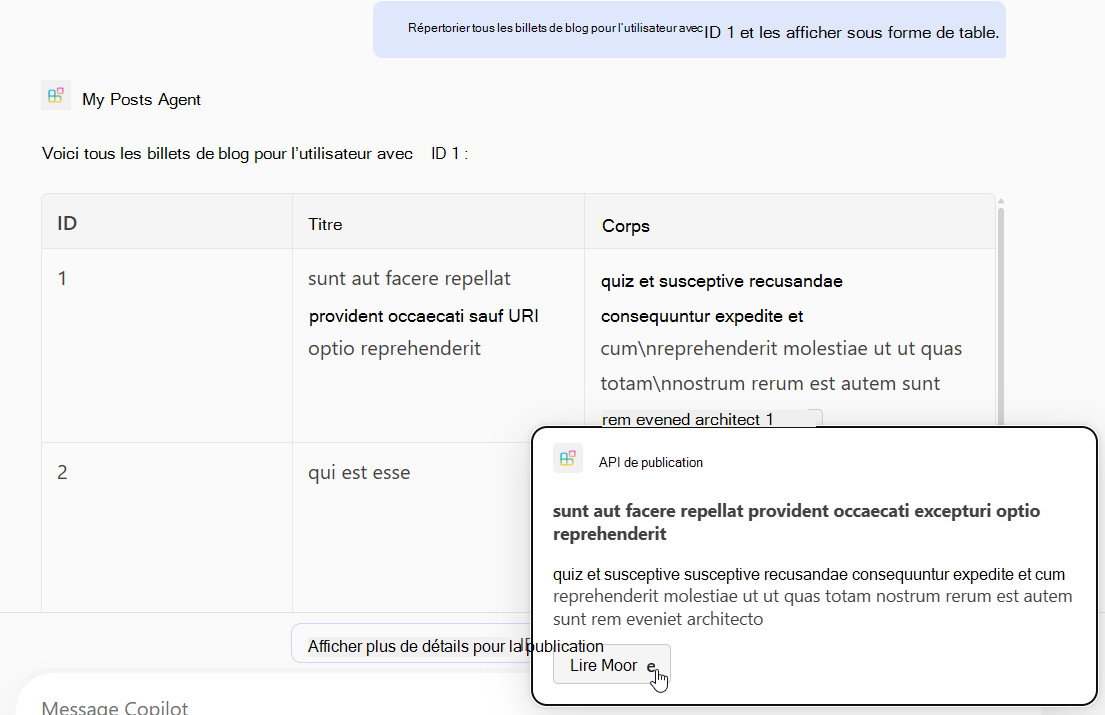 Capture d’écran d’une réponse d’un agent déclaratif basé sur des opérations GET avec des cartes adaptatives